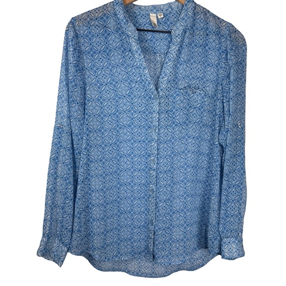 Kut from the Kloth Tops - KUT from the Kloth Blue White Geometric Tile Print Roll Tab Blouse KT32144 Small